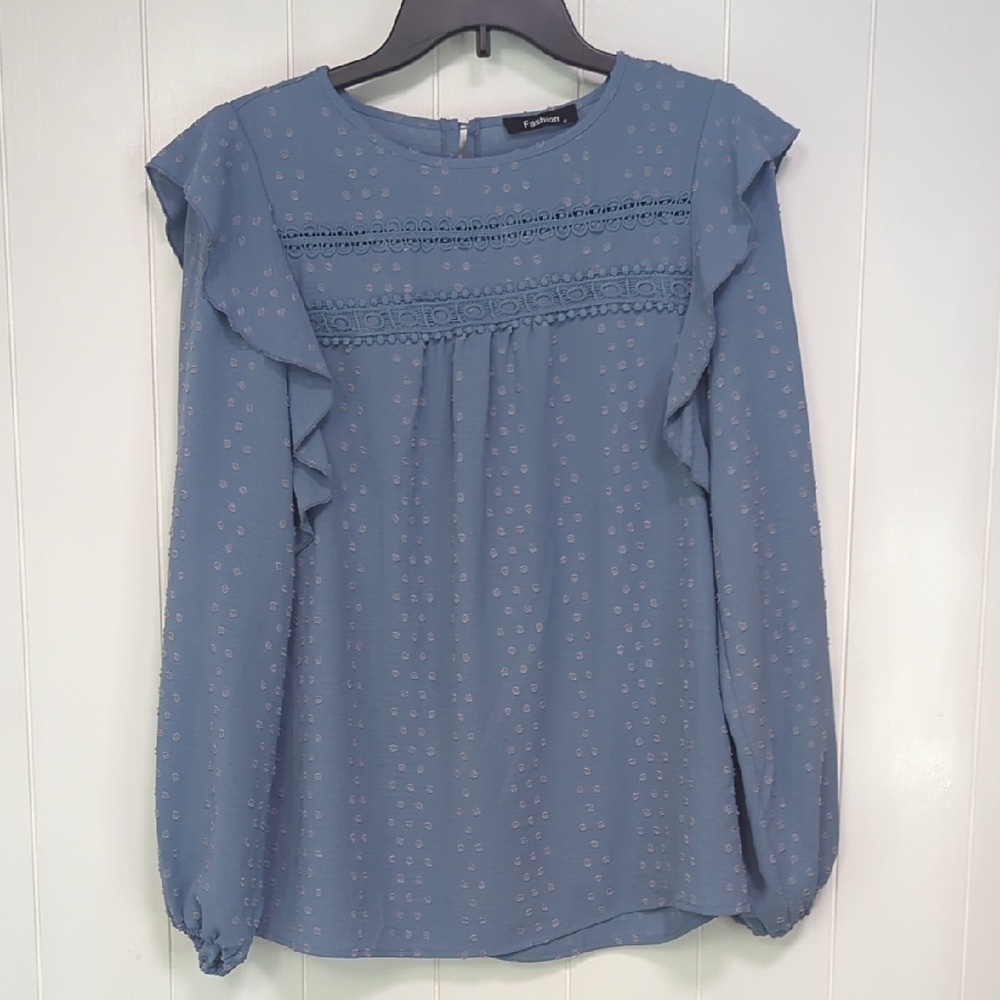 Blue Long-Sleeve Ruffle Blouse